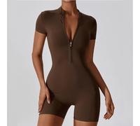 Damen-Jumpsuit mit enger Passform, kurzärmelig, durchgehender Reißverschluss vorne, Polyester, athletischer Strampler für mehrere Jahreszeiten (XXL Kaffee)