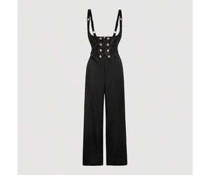 Damen Jumpsuit mit Metallknopf Taillengürtel, elegante schwarze Hosenträger-Hose