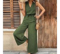 Damen Jumpsuit mit V-Ausschnitt, ärmelos, mit Taschen, weites Bein, strukturierter Stoff, Urlaubsstil