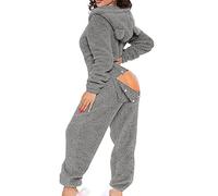 Damen Jumpsuit Sexy Fleece Mit Kapuze Und ÖHrchen Overall Mit Po Klappe | Schlafoverall Hausanzug Einteiler Schlafanzug GesäßSchlitz Onesie PlüSch Einfarbig Langarm Pyjama Anzug Winter Sportanzug