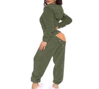 Damen Jumpsuit Sexy Fleece Mit Kapuze Und ÖHrchen Overall Mit Po Klappe | Schlafoverall Hausanzug Einteiler Schlafanzug GesäßSchlitz Onesie PlüSch Einfarbig Langarm Pyjama Anzug Winter Sportanzug