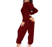 Damen Jumpsuit Sexy Fleece Mit Kapuze Und ÖHrchen Overall Mit Po Klappe | Schlafoverall Hausanzug Einteiler Schlafanzug GesäßSchlitz Onesie PlüSch Einfarbig Langarm Pyjama Anzug Winter Sportanzug