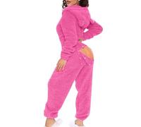 Damen Jumpsuit Sexy Fleece Mit Kapuze Und ÖHrchen Overall Mit Po Klappe | Schlafoverall Hausanzug Einteiler Schlafanzug GesäßSchlitz Onesie PlüSch Einfarbig Langarm Pyjama Anzug Winter Sportanzug