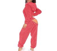 Damen Jumpsuit Sexy Fleece Mit Kapuze Und ÖHrchen Overall Mit Po Klappe | Schlafoverall Hausanzug Einteiler Schlafanzug GesäßSchlitz Onesie PlüSch Einfarbig Langarm Pyjama Anzug Winter Sportanzug