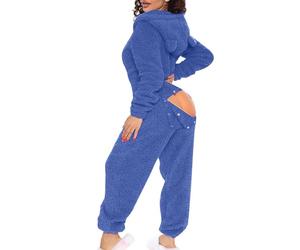 Damen Jumpsuit Sexy Fleece Mit Kapuze Und ÖHrchen Overall Mit Po Klappe | Schlafoverall Hausanzug Einteiler Schlafanzug GesäßSchlitz Onesie PlüSch Einfarbig Langarm Pyjama Anzug Winter Sportanzug