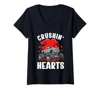 Damen Jungen Valentine Monster Truck Crushin Hearts Kids T-Shirt mit V-Ausschnitt