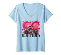 Damen Jungen Valentine Monster Truck Crushin Hearts Kids T-Shirt mit V-Ausschnitt