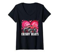 Damen Jungen Valentine Monster Truck Crushin Hearts Kids T-Shirt mit V-Ausschnitt
