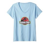 Damen Jurassic Park Classic Logo T-Shirt mit V-Ausschnitt, Himmelblau, XXL