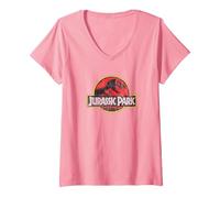 Damen Jurassic Park Classic Logo T-Shirt mit V-Ausschnitt, Rosa, XL