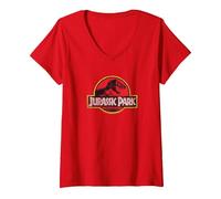 Damen Jurassic Park Classic Logo T-Shirt mit V-Ausschnitt, Rot, XXL