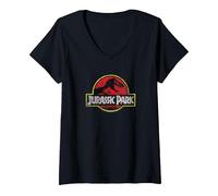Damen Jurassic Park Classic Logo T-Shirt mit V-Ausschnitt, Schwarz, XXL