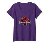 Damen Jurassic Park Classic Logo T-Shirt mit V-Ausschnitt, Violett, S