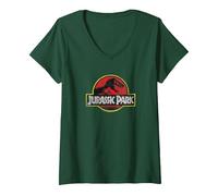Damen Jurassic Park Classic Logo T-Shirt mit V-Ausschnitt, Waldgrün, L
