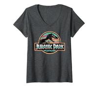 Damen Jurassic Park Colorful Classic Logo T-Shirt mit V-Ausschnitt