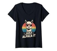 Damen Just Alpaca It Lustiges Alpaka Lama Retro Sonnenuntergang T-Shirt mit V-Ausschnitt