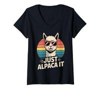 Damen Just Alpaca It Lustiges Alpaka Lama Retro Sonnenuntergang T-Shirt mit V-Ausschnitt