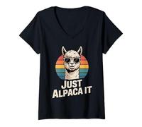 Damen Just Alpaca It Lustiges Alpaka Lama Retro Sonnenuntergang T-Shirt mit V-Ausschnitt