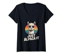 Damen Just Alpaca It Lustiges Alpaka Lama Retro Sonnenuntergang T-Shirt mit V-Ausschnitt