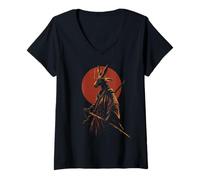 Damen Känguru-Samurai, lustig, japanischer Tierliebhaber T-Shirt mit V-Ausschnitt