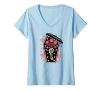 Damen Kaffee Sarg Rosen Gothic Dark Aesthetic Frauen T-Shirt mit V-Ausschnitt