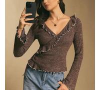 Damen Kaffeebraun gestricktes Rüschen V-Ausschnitt Top, lässiges langes Ballonärmel Wickelbluse, Regular Fit, dunkelbrauner Strickpullover, braunes La