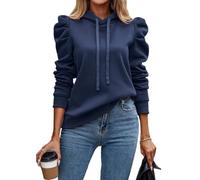 Damen-Kapuzenpullover, einfarbig, locker, langärmelig, plissiert, lässig, weich, bequem, Pullover, Kapuzenpullover, Herbst, Winter, Alltag, navy, L