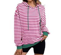 Damen Kapuzenpullover Gestreift Hoodie Oversized Rundhals Langarmshirt Long Sleeve Lässig Lose Pullover Tops Farbblock Streifen Baggy Elegant Fitted Sweatshirt