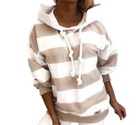 Damen Kapuzenpullover Hoodie Damen und Winter Neuer modischer, lässiger, gestreifter, farbblockierender Kapuzenpullover Pullover Damen Elegant (Beige, XXL)