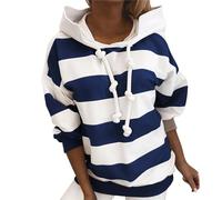 Damen Kapuzenpullover Hoodie Damen und Winter Neuer modischer, lässiger, gestreifter, farbblockierender Kapuzenpullover Pullover Damen Elegant (Blue, XXL)