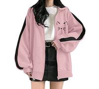 Damen-Kapuzenpullover, Langarm, Reißverschluss, Kawaii-Druck, Cartoon, Sweatshirt, lässig, Hoodie, Jacke, Oversize, Cardigan, Kapuzenjacke, Fleecejacke, Winter, warm, Rosa, 48