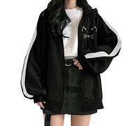 Damen-Kapuzenpullover, Langarm, Reißverschluss, Kawaii-Druck, Cartoon, Sweatshirt, lässig, Hoodie, Jacke, Oversize, Cardigan, Kapuzenjacke, Fleecejacke, Winter, warm, Schwarz , 38