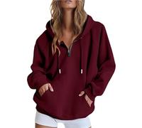 Damen-Kapuzenpullover, modisch, Viertelreißverschluss, Sweatshirt, Kapuze, Kordelzug, lässig, Übergröße, einfarbig, langärmelig, Winter, warm, mit Fleece gefüttert, Pullover mit Taschen, wein, 5XL