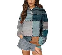 Damen-Kapuzenpullover, Vintage-Stil, Patchwork-Sweatshirt, langärmelig, Pullover mit Taschen, Patch, Grafikdruck, Kapuzen-Sweatshirt, lässig, leicht, Damen-Kapuzenpullover, Größe S-XL, blau, M