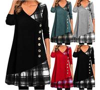 Damen Karierte Kleid Sale V Ausschnitt Freizeitkleid Langarm Sommerkleid Damen Knielang mit Knöpfen Freizeitkleider T-Shirt Rüschenkleid Strandkleid Leichte Kurze Sommerkleider Strand Mini Dress