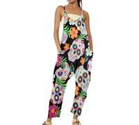 Damen Karneval Leggings - Glitzer Muster Druck Warm Gefüttert High Waist Cellulite Party Outfit Lässiger, lockerer, ärmelloser Jumpsuit mit Trägern Latzhose weitem Bein für Damen (Multicolour-D, L)