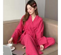 Damen Karomuster Gürtel Langarm Pyjama Set mit langer Schlafhose, Herbst/Winter, Herbstkleidung