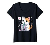 Damen Katze Boba Japanischer Kawaii Anime Kitty Bubble Tea Anime T-Shirt mit V-Ausschnitt
