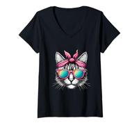Damen Katze trägt ein rosa Bandana-Stirnband und Sonnenbrille T-Shirt mit V-Ausschnitt