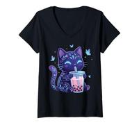 Damen Katze Trinkt Bubble Tea Dunkle Ästhetik Pastell Gothic Japan T-Shirt mit V-Ausschnitt