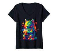Damen Katze trinkt einen Bubble Tea - Design Boba Splash Art T-Shirt mit V-Ausschnitt