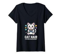 Damen Katzenhaar Extra Player Buff Retro Gamer T-Shirt mit V-Ausschnitt