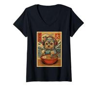 Damen Kawaii Anime Gamer Yorkshire Terrier Ramen Retro Japan Hund T-Shirt mit V-Ausschnitt