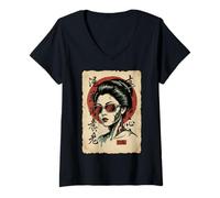 Damen Kawaii Anime Manga Otaku Samurai Japan Ramen Y2K Cyberpunk T-Shirt mit V-Ausschnitt