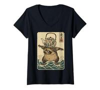 Damen Kawaii Anime Manga Otaku Samurai Japan Ramen Y2K Cyberpunk T-Shirt mit V-Ausschnitt