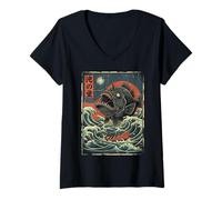 Damen Kawaii Anime Manga Otaku Samurai Japan Ramen Y2K Cyberpunk T-Shirt mit V-Ausschnitt