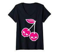Damen Kawaii Cute Cherry Skulls T-Shirt mit V-Ausschnitt