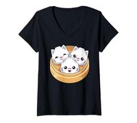 Damen Kawaii Dim Sum Katzenknödel für Frauen Kinder Mädchen T-Shirt mit V-Ausschnitt