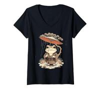 Damen Kawaii Frosch Liebhaber - Regnerischer Tag Kunst T-Shirt mit V-Ausschnitt