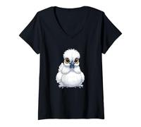 Damen Kawaii Huhn - Flauschiges Silkie Chicken T-Shirt mit V-Ausschnitt